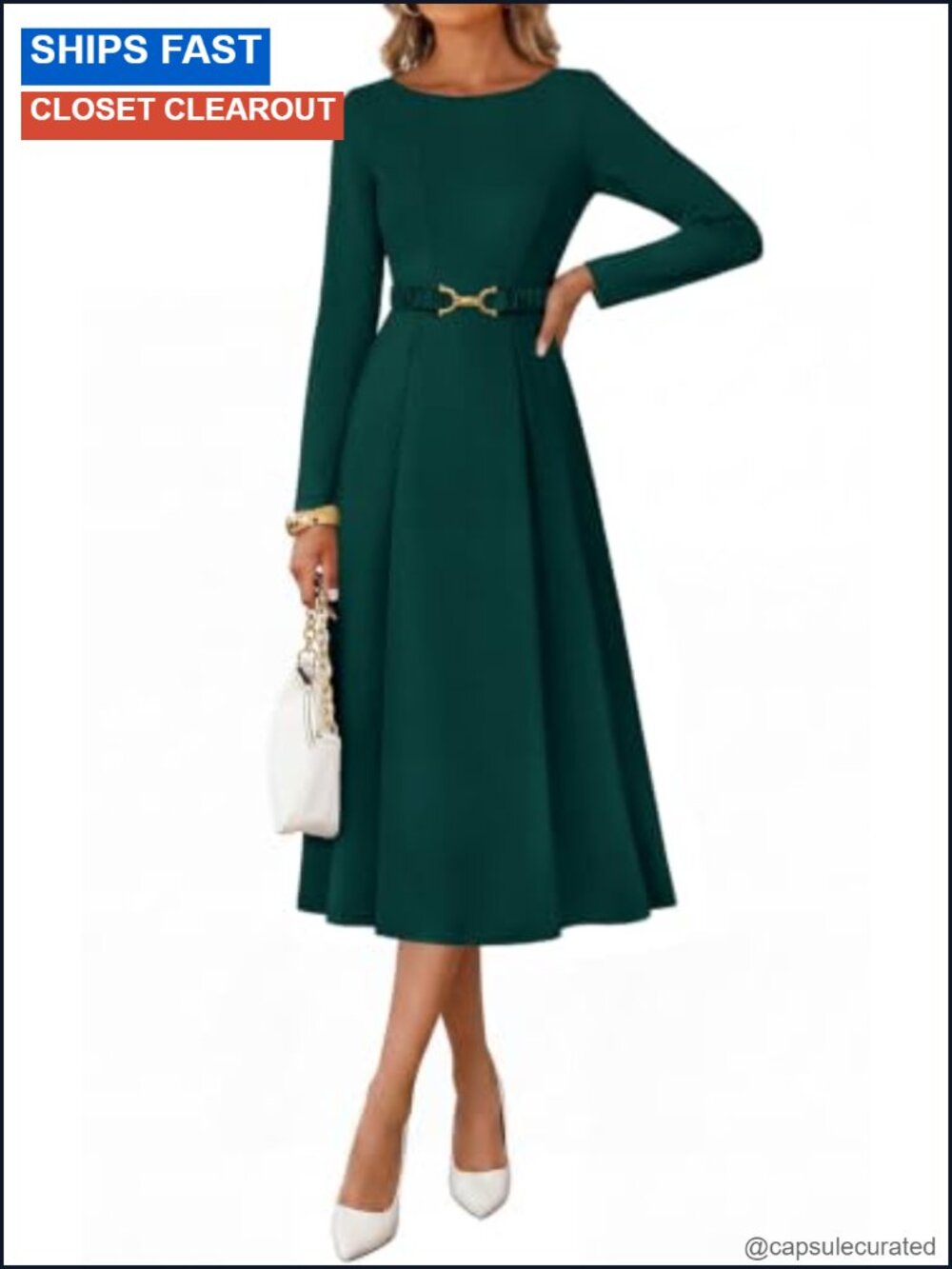 Women's Long Sleeve Boat Neck Fit & Flare Midi Dress with Pockets Semi Formal